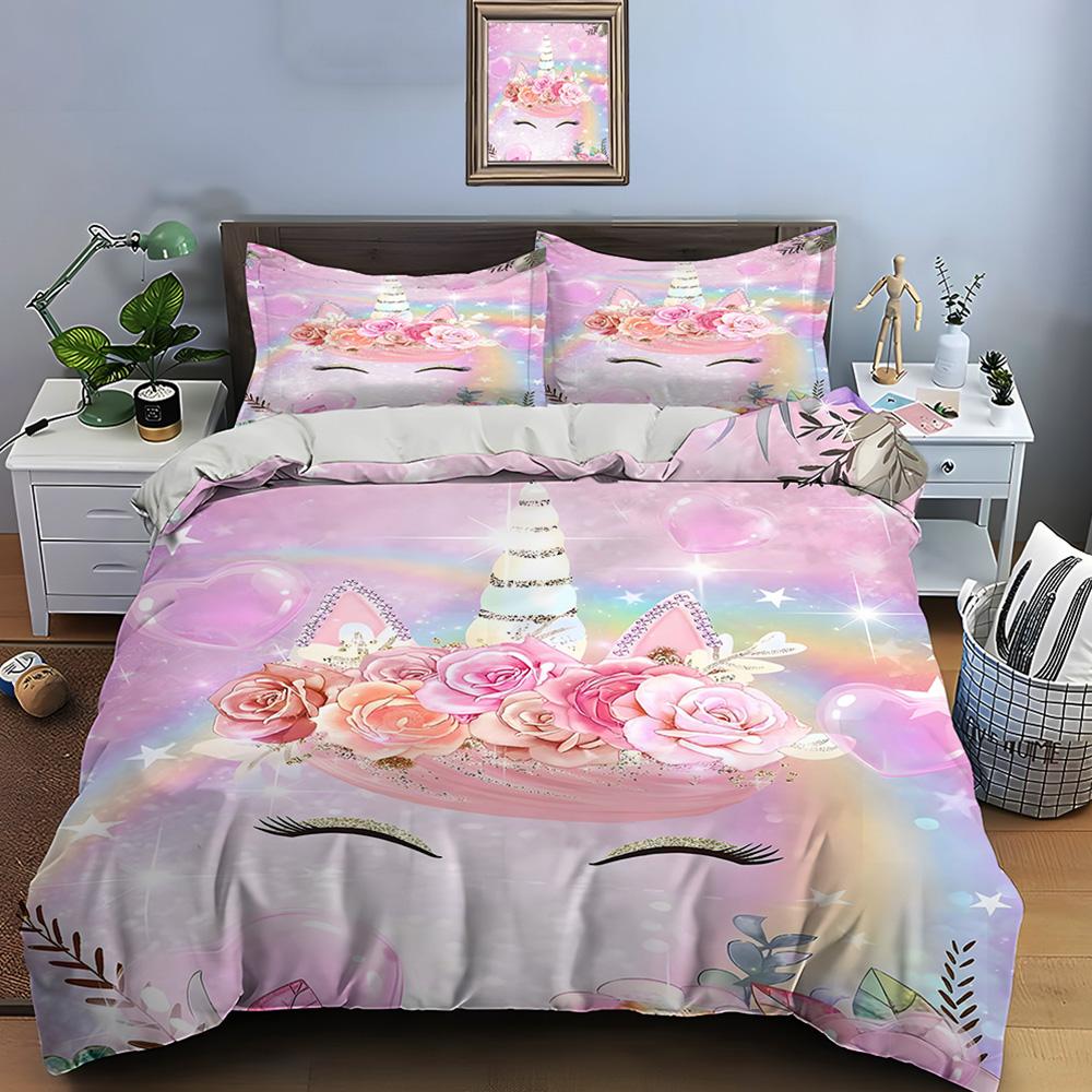 3PC Pink Unicorn Print Bedding Set Duvet Cover 1 Duvet Cover 2 Pillowcases Adult and Children Bedding Set Luxury To Girls Gifts