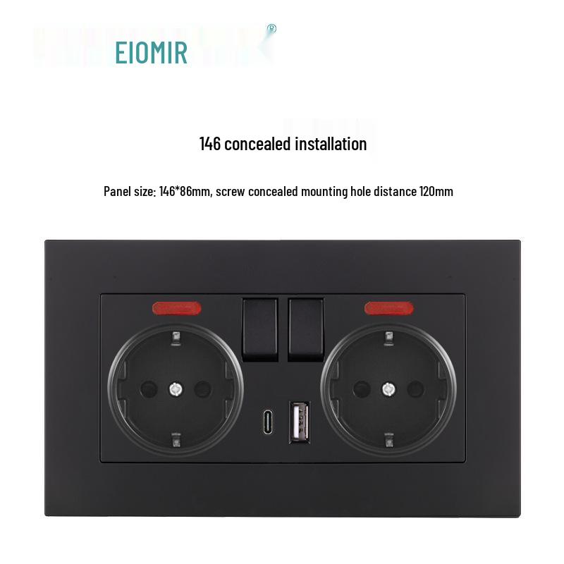 Black 16A German Standard Socket Panel with Double USB + Type C, Concealed European Installation