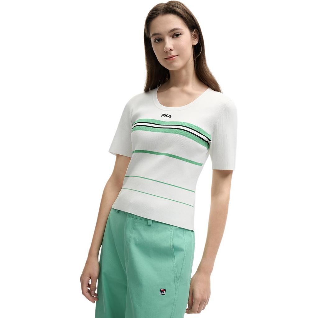 Fila Heritage Series Casual Versatile Striped Short Sleeve Knit Top Women Tops Bright-White F11W528408F-WT