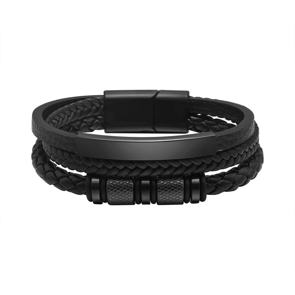Custom Multi Layers Leather Bracelet for Men,Classic Metal Tube Handmade Braided Wristband,Gift for Husband Father Boyfriend