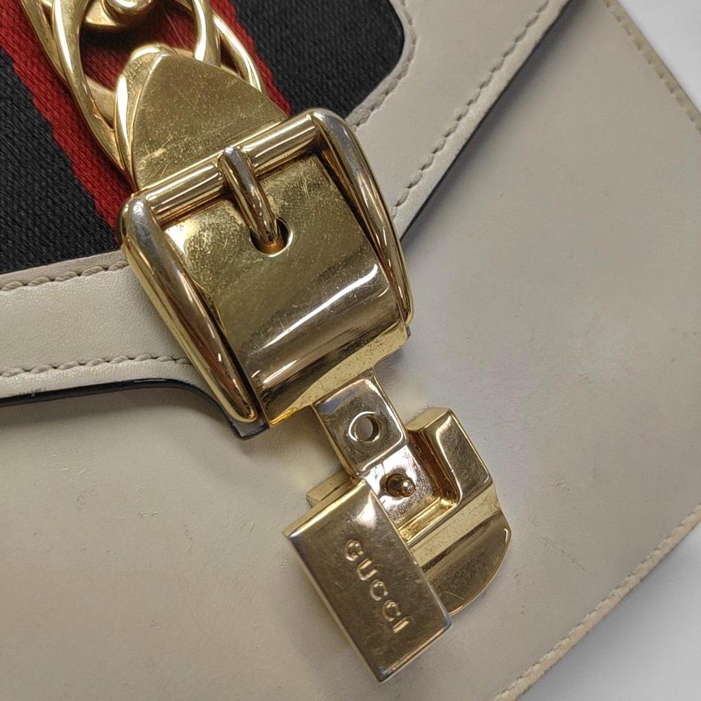 [Pre-Owned] Sylvie Gold Buckle Striped Web Leather Mini Tote Shoulder Crossbody Bag - Fair #BZGZ9L