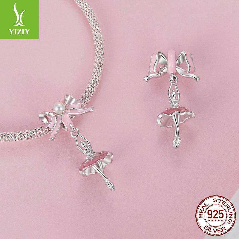 Ballet Girl Diy Pendant Accessories, Delicate Sweet Pink Bow S925 Silver Beaded