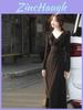 French Black Knit Long Sleeve Dress With Waist Tie For Spring Vacation Wear
