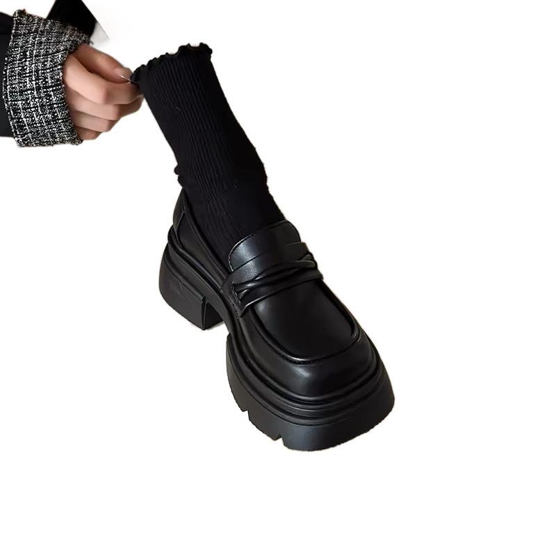 Platform thick heel British style small leather shoes New autumn shoes black