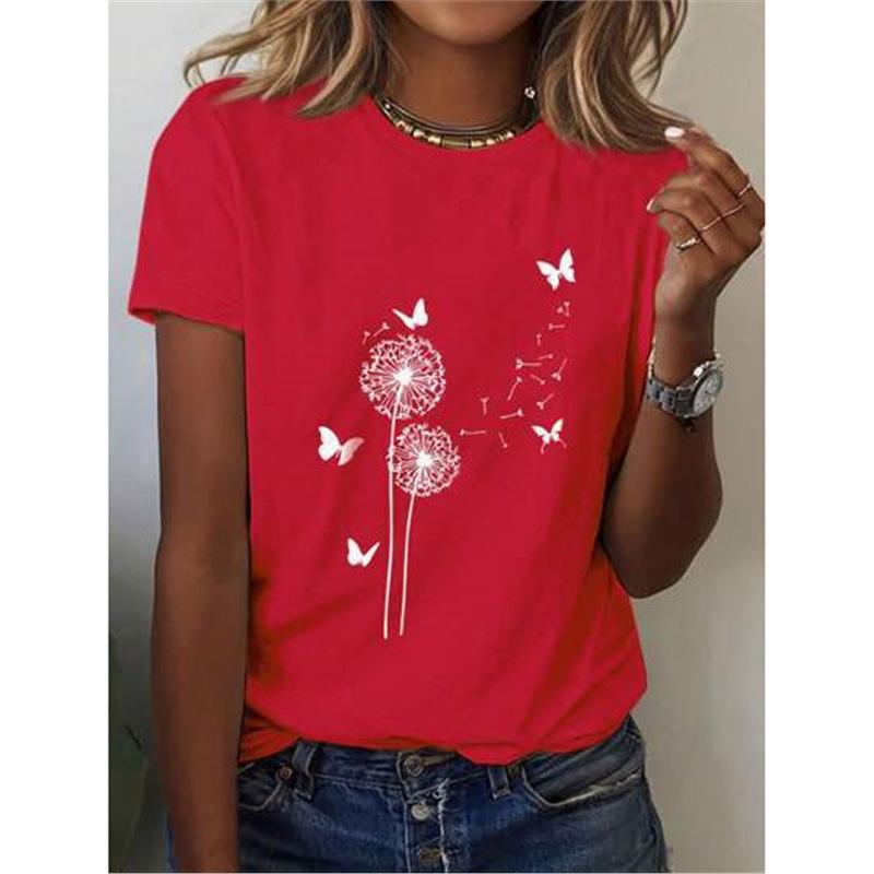 Tricou de vară pentru femei, respirabil, cu mânecă scurtă, cu imprimeu 3D cu flori de păpădie