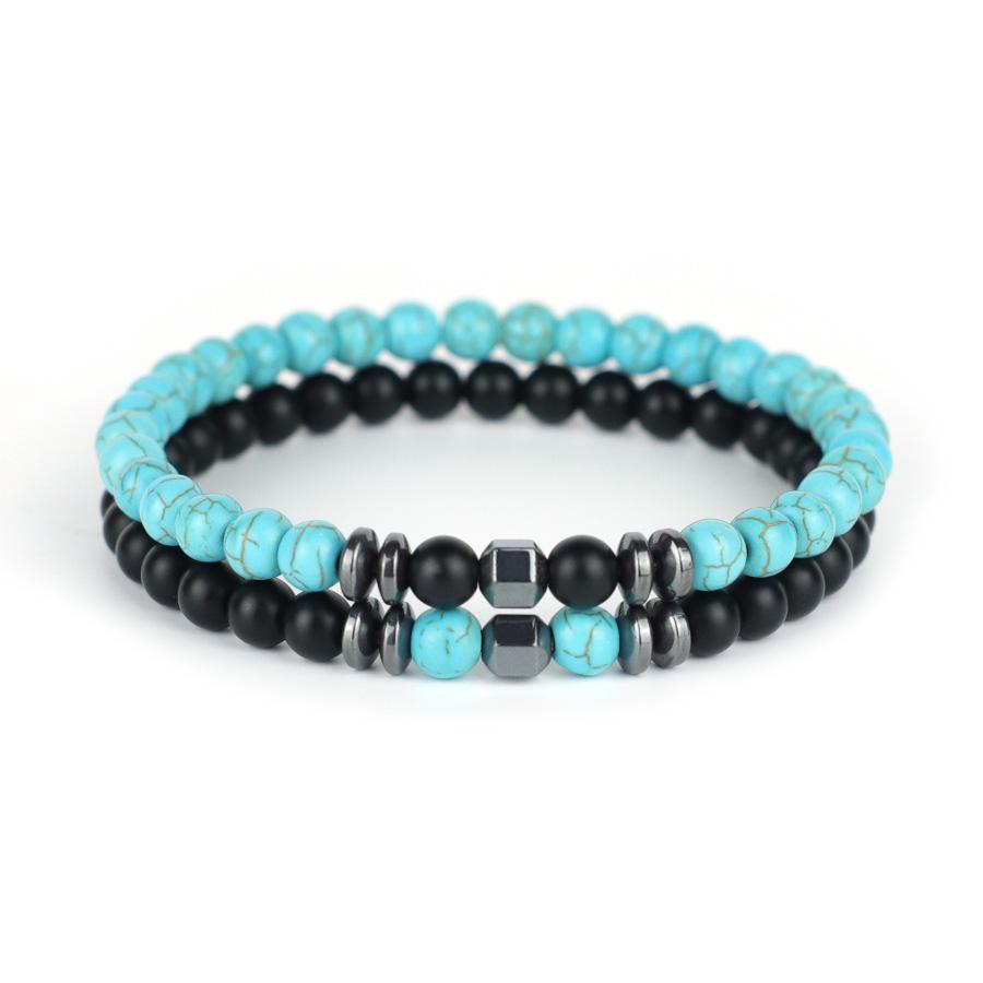 Noter New Design Mens Bracelet With Stone 2Pcs/Set 6mm Volcanic Rock Turquoise Hematite Yoga Meditation Healing Braslet Homme
