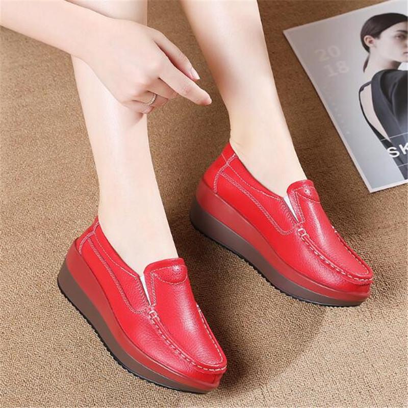 Fashion Spring Autumn Women Loafers Flats Ladies Genuine Leather Moccasins Slip-on Casual Round Toe Handmade Platform Wedges Shoes