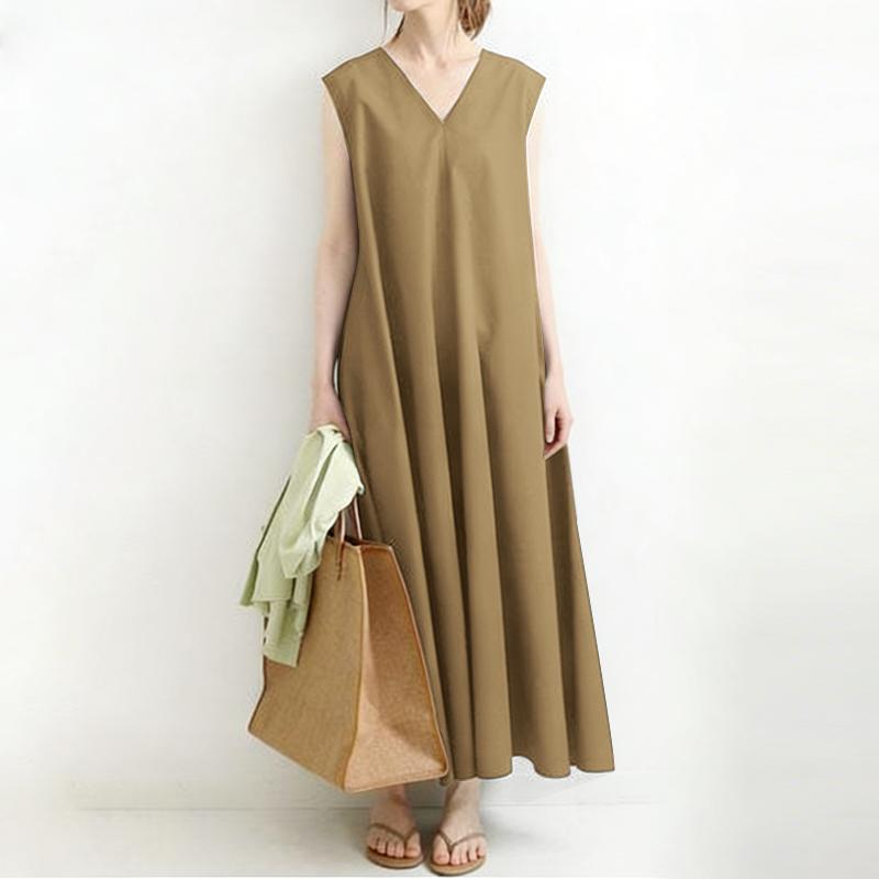 ZANZEA Women Casual V-Neck Solid Color Loose Sleeveless Dress