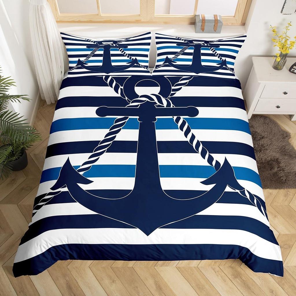Vintage Anchor Duvet Cover Twin King, Nautical Theme Bedding Set Sailing Boat Sea Turtle Bed Cover, Compass Starfish Quilt Cover