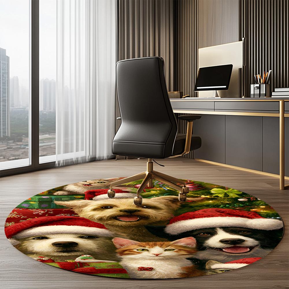Christmas Dog Printed Round Rug Carpet Chair Rug Area Rug Entryway Doormats,for Office Chair Living Room Bedroom Kitchen Room.