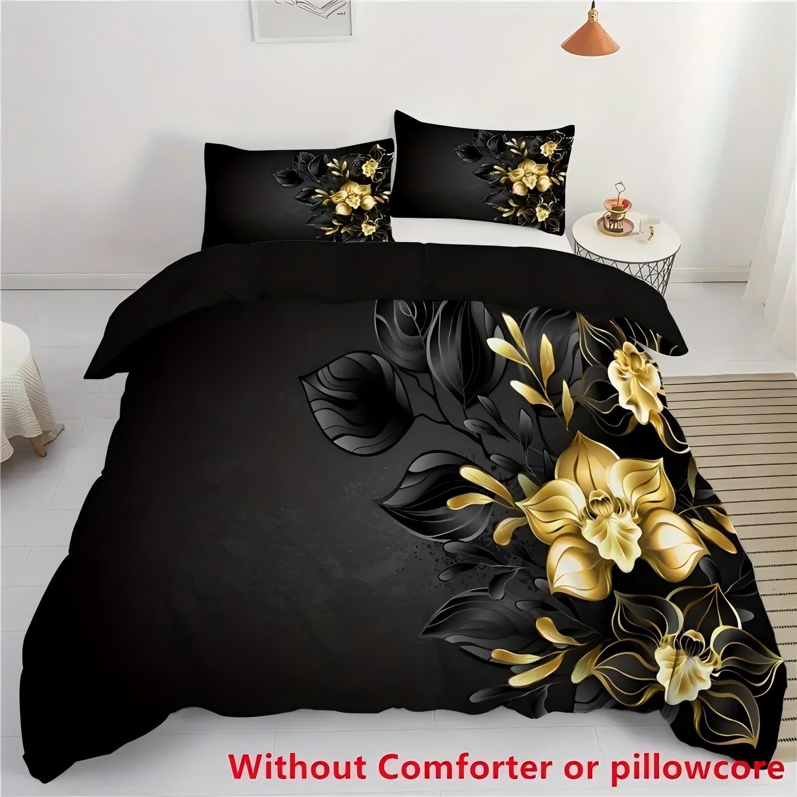 

Black Gold Floral 3D Print Duvet Cover Retro Style Design Flowers Soft Comfortable For Teens Adults Quilt Cover Pillowcase 135x200cm 2pcs
