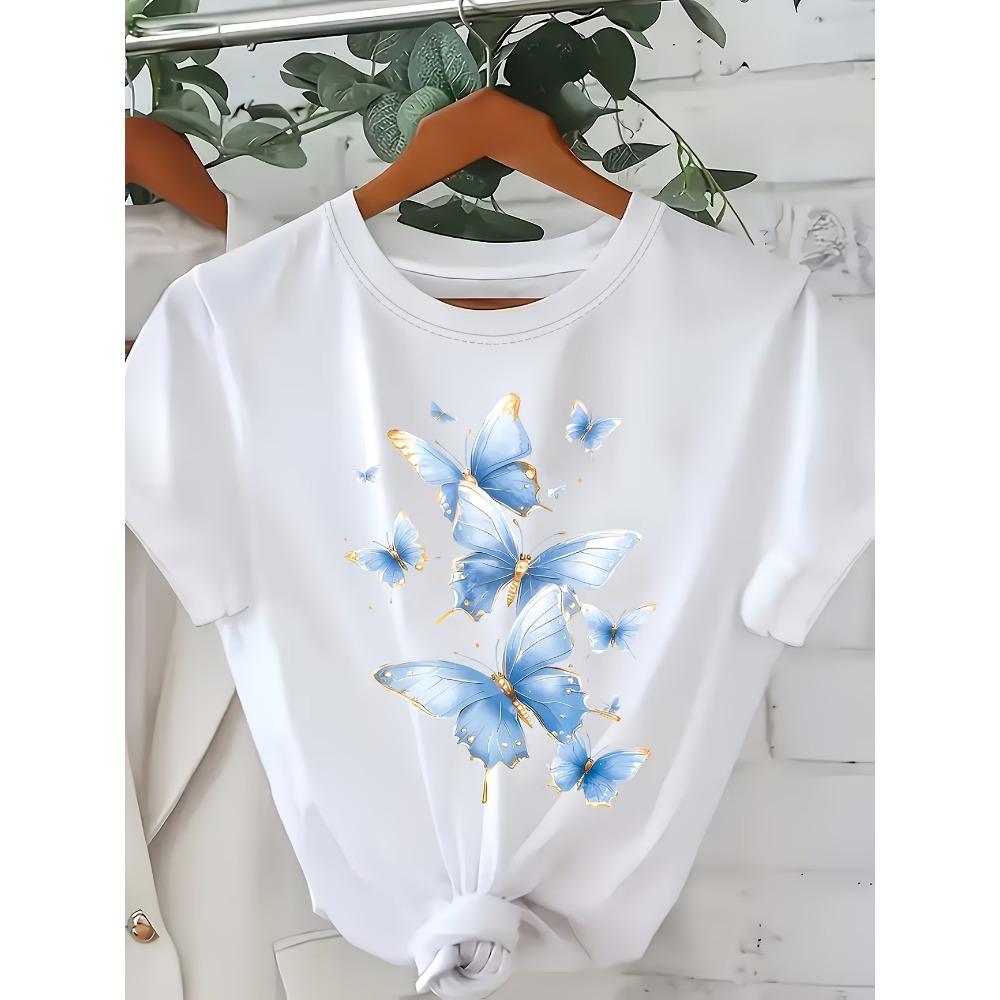 Butterfly Print  Short Sleeve T-Shirt - Round Neck Casual Summer Blouse -ic Top Suitable for Spring/Summer Wear