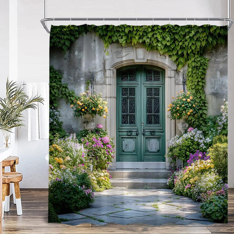 Rustic Landscape Shower Curtains Forest Lake Flowers Vintage Wooden Door Garden Scenery Fabric Home Bathroom Curtain Decor Set