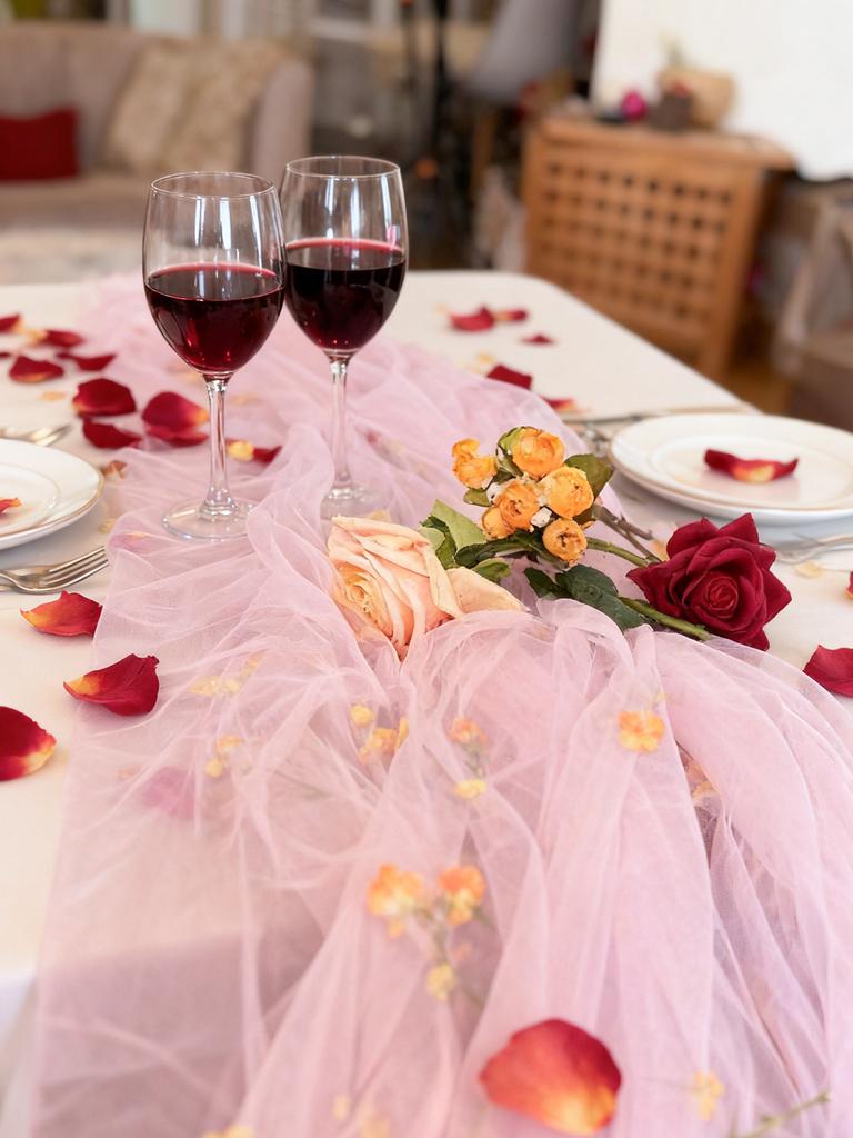 Pink Tulle Table Runner - Sheer Chiffon Tablecloth for Valentine's Day Wedding Anniversary Romantic Dinner Party Home Decoration