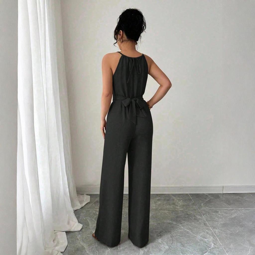 Ladies' Casual Hanging Neck Cross Exposed Waist Cinched Versatile Sleeveless Jumpsuit