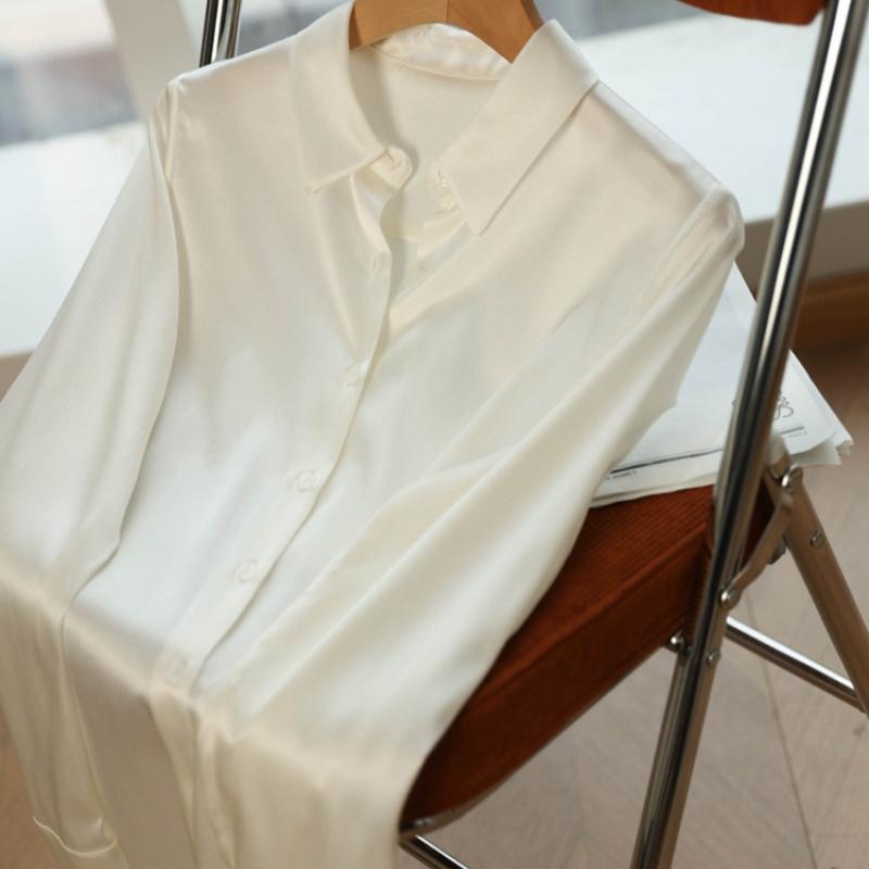 Mote Uformelt kontor Dame satengskjorte Løse lange ermede topper Solid Plus Size Damebluser Elegant Button Up Vintage Enkle Dameskjorter 25678
