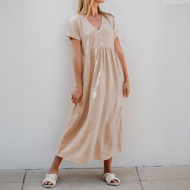 

2025 новое домашнее повседневное простое свободное платье с V-образным вырезом и пуговицами, однотонное XL абрикосовый