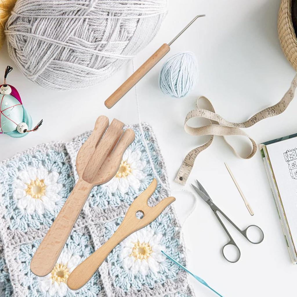 Knitting Fork and Needle Kit, Lucet Fork Crochet, 8Pcs Wooden Knitting Fork Big Eye Needle Portable Knitting Fork Set DIY Weaving Tools for Bracelet