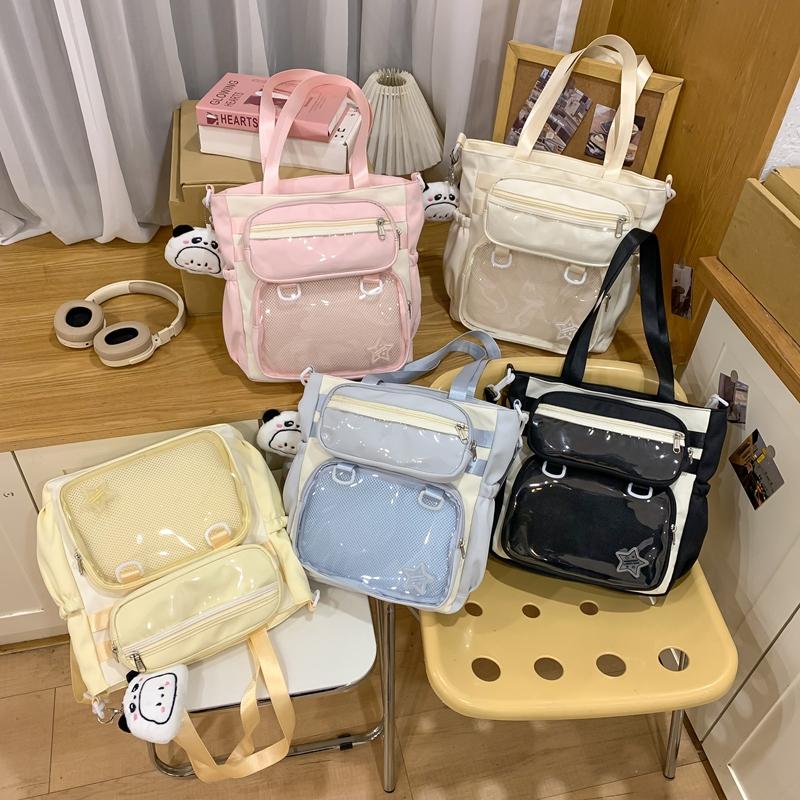 Solid Color Transparent Crossbody Bag Student Handbag Women's Large Capacity Shoulder Tote Bag with Pen Bag