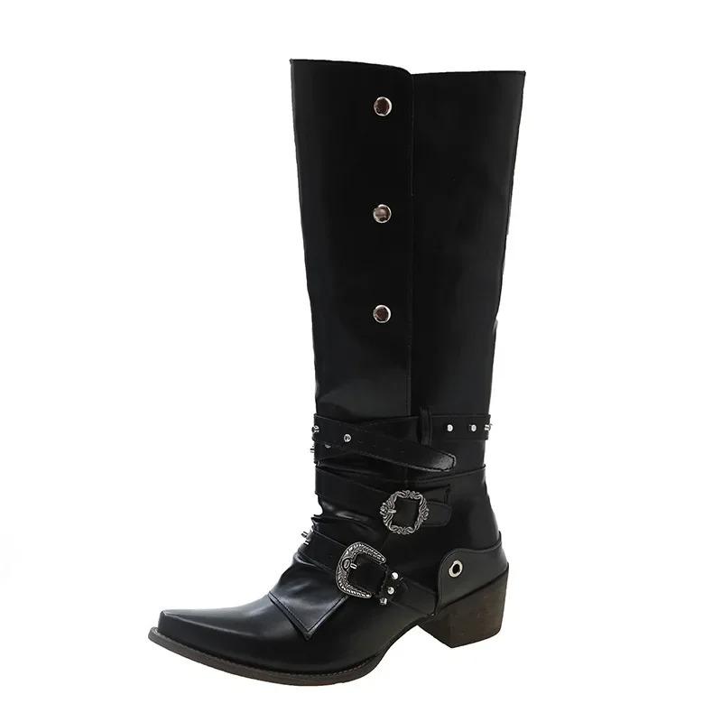 Fashion Women Boots High Quality Pointed Leather Boots Fashion Knee High Boot Metal Belt Buckle Motorcycle Boots for Women Botas