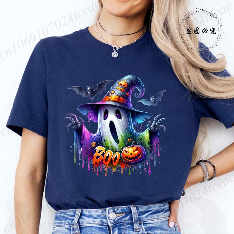 Women Cute Spooky Witch Print T Shirt Graphic Harajuku Streewear Halloween Horror Graphic Tee Clothes Causal Female Y2K Tops Tee