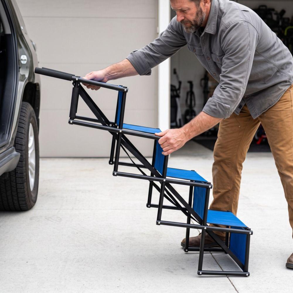 Folding Car Mounted Pet Folding Staircase Steel Pipe Sturdy Dog Vehicle Ramp Portable Retractable Step Stairs Senior Pets
