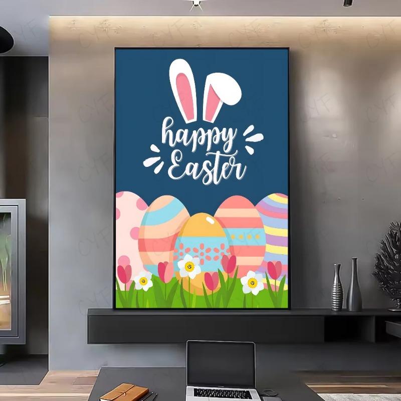Poster Boho Primavera Coniglietto Felice Pasqua HD art adesivo da parete impermeabile decorazione estetica per casa soggiorno camera da letto bar
