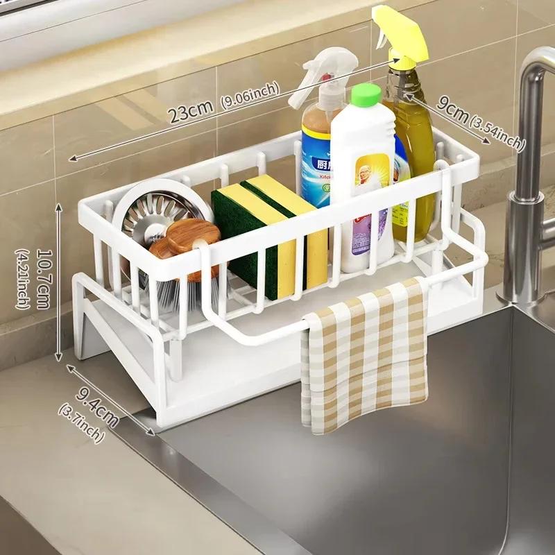 Kitchen Sink Organizer Sponge Holder Dish Cloth Drying Rack with Slanted Drain Tray for Countertop Storage