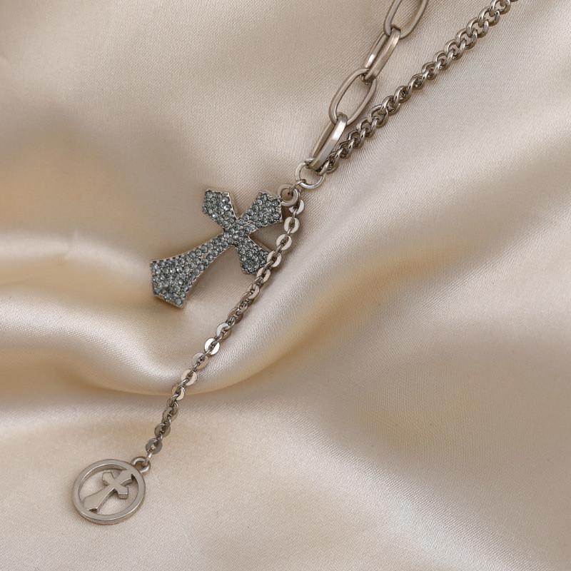 

Korean Unique Fashion Long Cross Necklace For Women With Dazzling Accent Gemstone Gold Cross