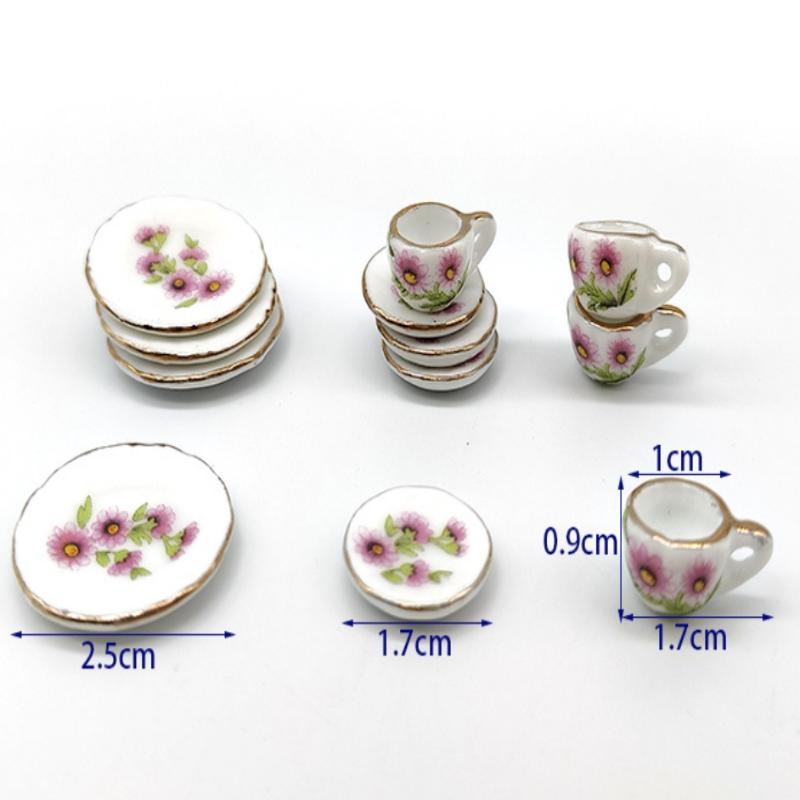 15Pcs Desk Top Mini Doll House Accessories Ceramic 7 Styles China Tea Cup Pocket Tea Set For Dollhouse Decor Kids Pretend Play