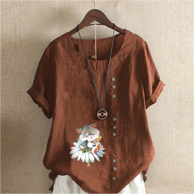 

Женская модная футболка с коротким рукавом и принтом кошки, свободная хлопковая рубашка, повседневная свободная летняя блузка, топы XL