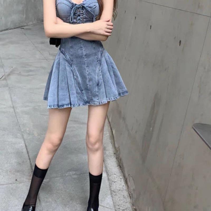 Fiery Slim Waist Stretch Denim Strapless Bodycon Dress with Tie-Up Details