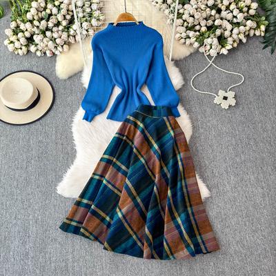 Dames Herfst Winter Mode Lange Mouw Gebreide Trui Pullover Tops Ruit Wolmix Rok Tweedelig Set