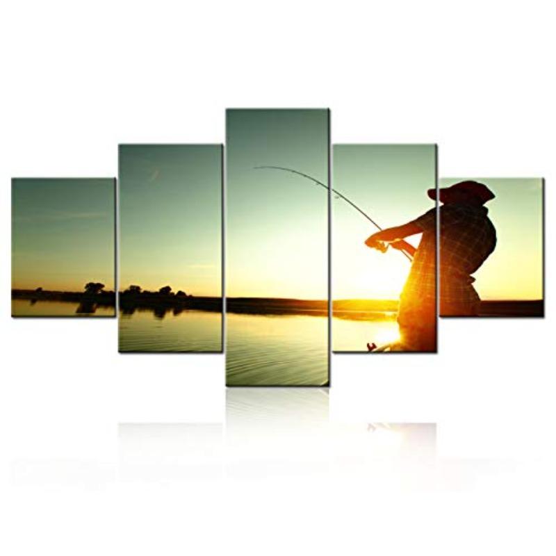 

Unframed 5 Panel Fish Hook Fishing Rods Sea Decorative Pictures Wall Art Home Decor Posters HD Canvas Paintings for Living Room 20X35 20X45 20X55CM