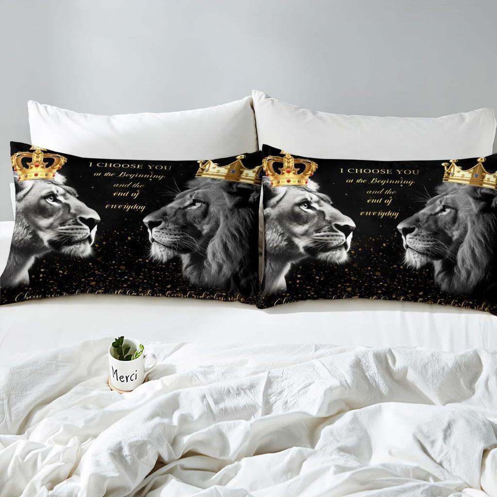 Lion Pattern Mattress Three-Piece Digital Printing Couple Black Gold Crown Bedspread Bedding