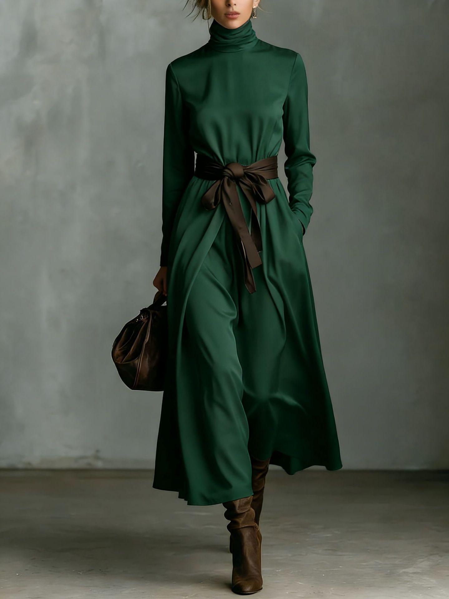 

European and American Women s High Neck Long Sleeve Color Block Midi Dress with Belt 2XL темно-зеленого