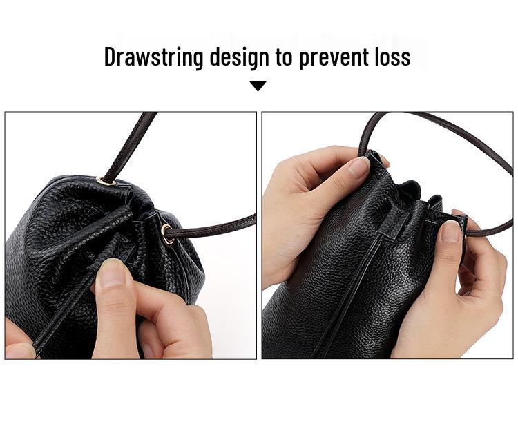 New Genuine Leather Drawstring Shoulder Bag with Earphone and Cable Storage - Korean Style Cowhide Messenger Bag