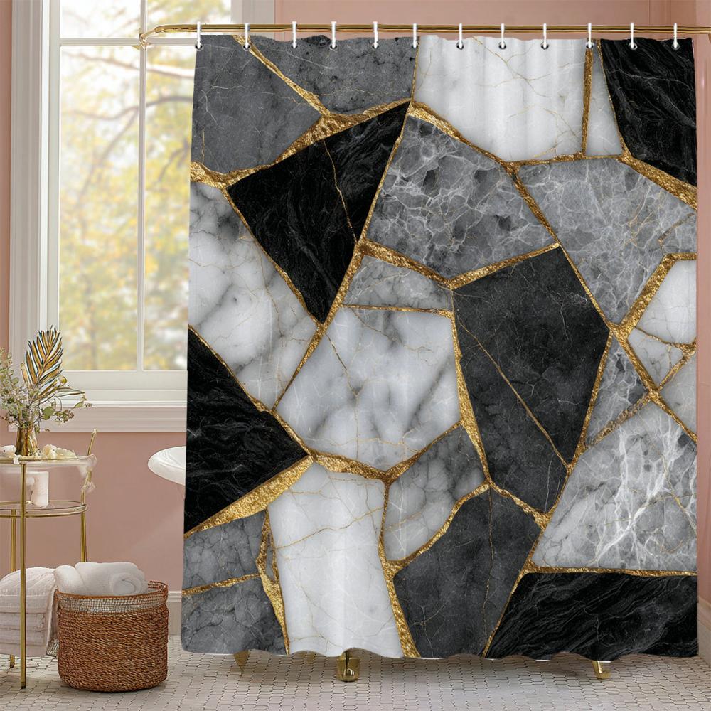 Abstract Ink Black Gold Gray Marbled Shower Curtain, Bathroom Decorative Shower Curtain, Waterproof Shower Curtain With Hooks