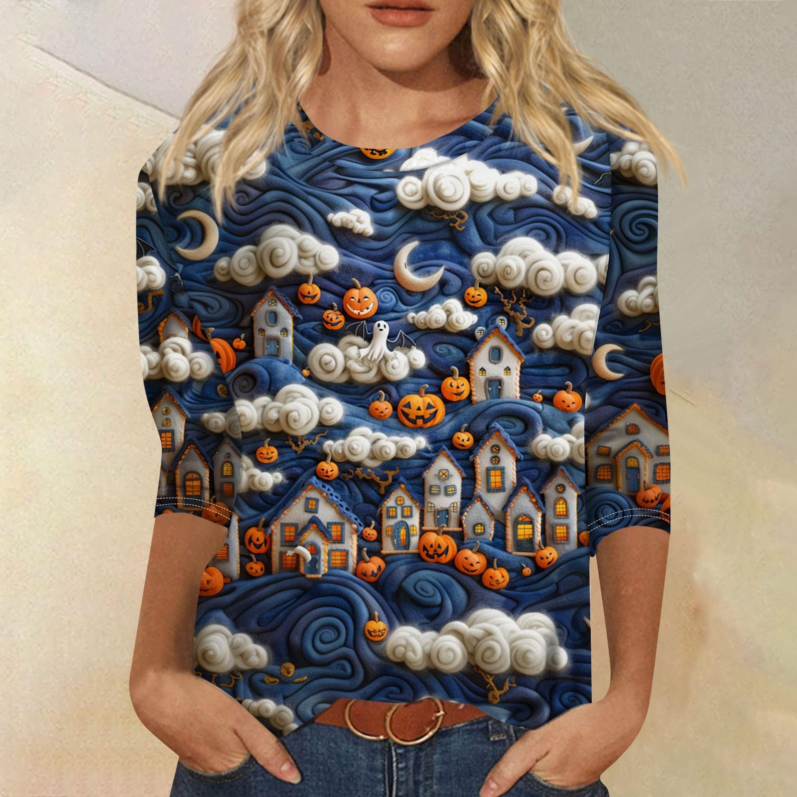 

Рубашки с рукавом 3/4 для женщин, симпатичные футболки с 3D-принтом на Хэллоуин, блузки, повседневные топы больших размеров, пуловеры M