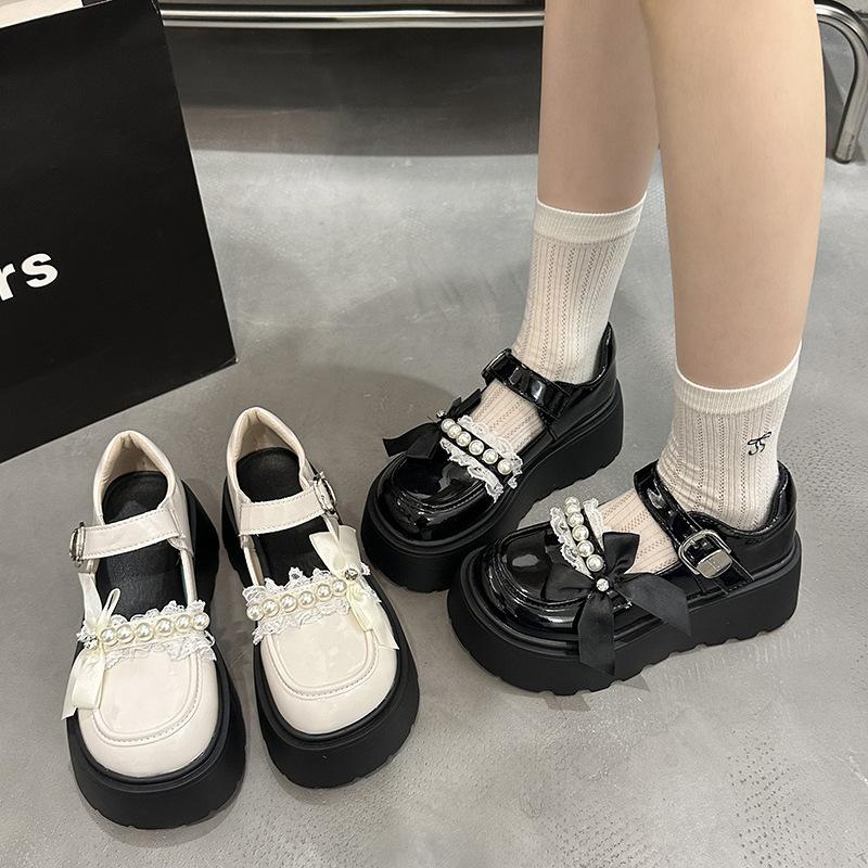 White Versatile Platform Small Leather Shoes Women's Bow Japanese Lolita Jk Shallow Mouth Mary Jane Shoes Buckle Loafers