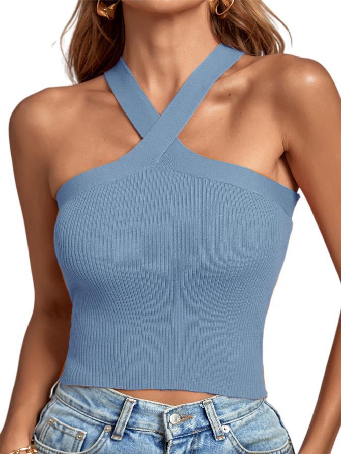 2024 Spring/Summer Women's Knitted Backless Cross Halter Strap Bralette Sweater Tank Top