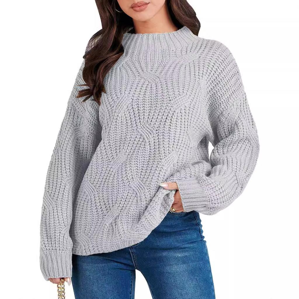 Autumn and Winter Women's Plus Size Drop Shoulder Loose Casual Stranded Knit Pullover Sweater