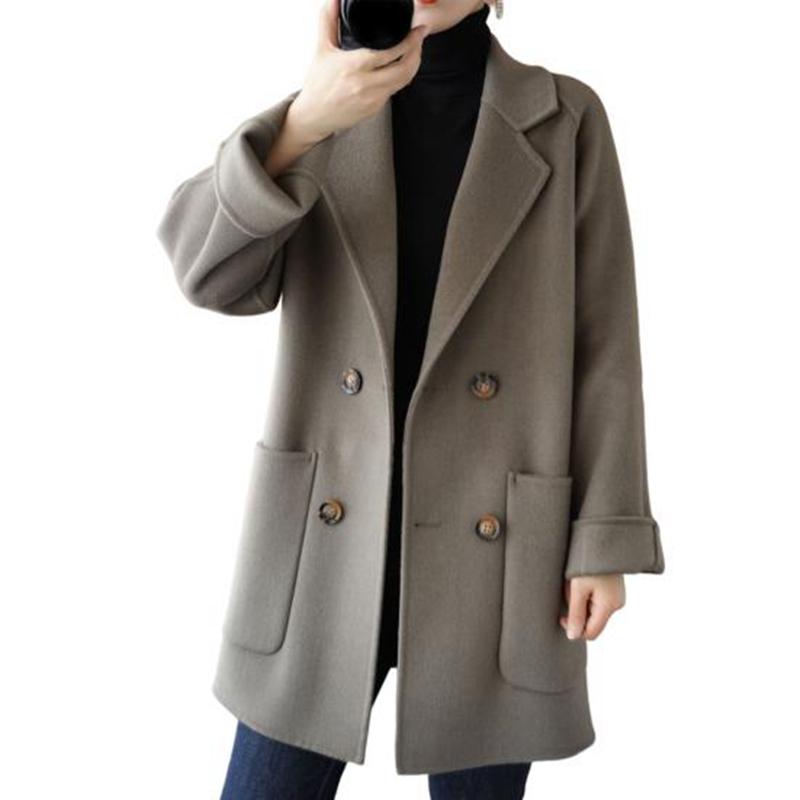 Women Winter Coat Solid Color Loose Double-breasted Turn-down Collar Side Pockets Cold-proof Cardigan Plus Size Thicken Autumn Overcoat Women Garment