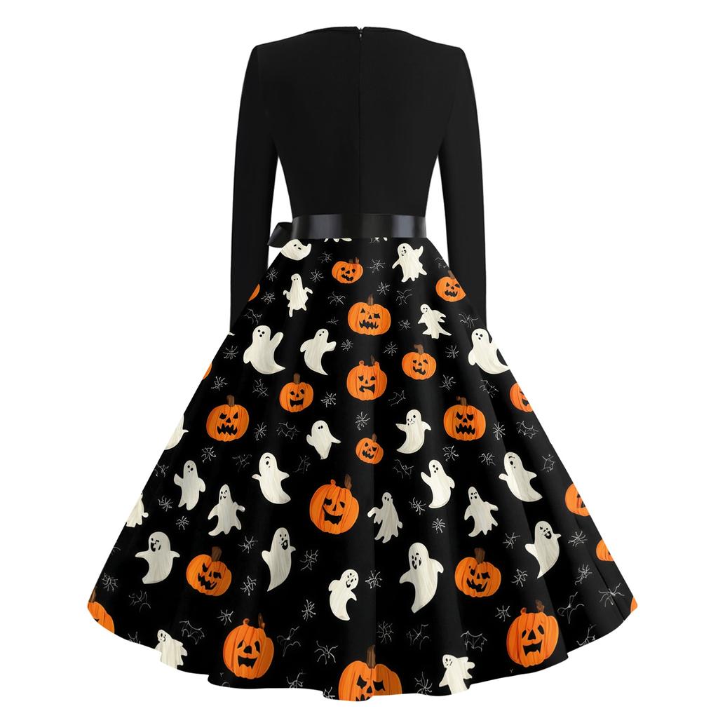Women's Vintage Halloween Print Round Neck Casual Dress for Everyday Wear