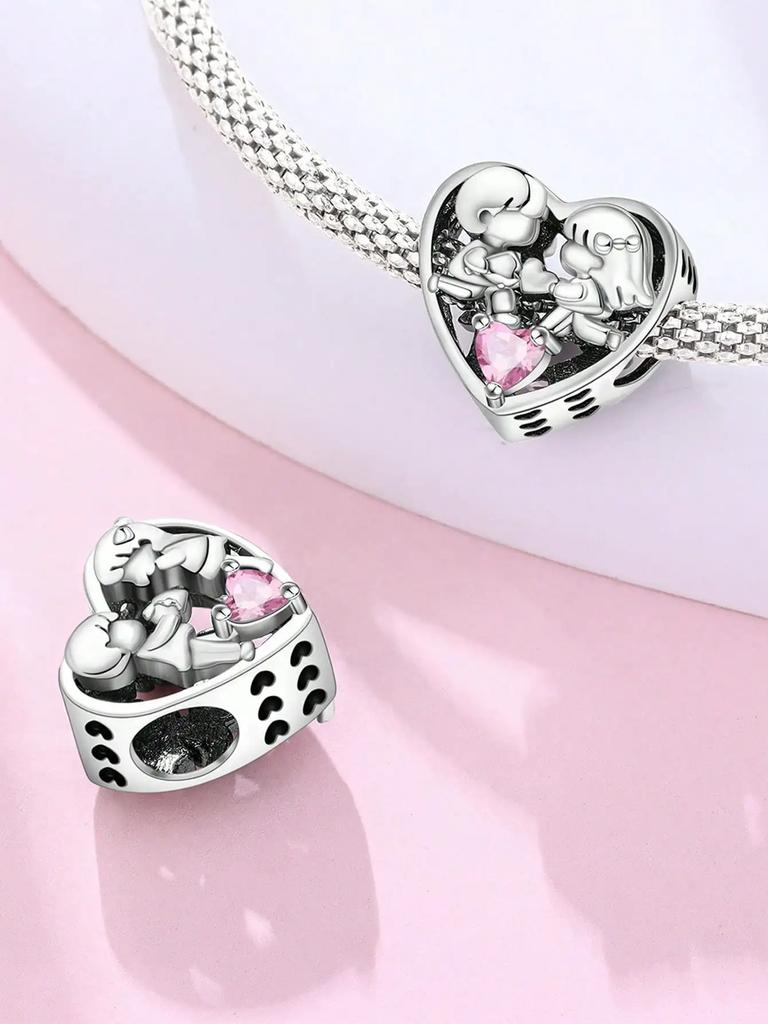 Copper Plated Original Charms Valentine'S Day Pink Heart Beads Fit Bracelet Women'S Jewelry Gift