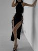 Goth Dark Cosplay High Split Sexy Bandage Women Dresses Gothic Halter Slim Midi Dress Black Grunge Style Alt Partywear