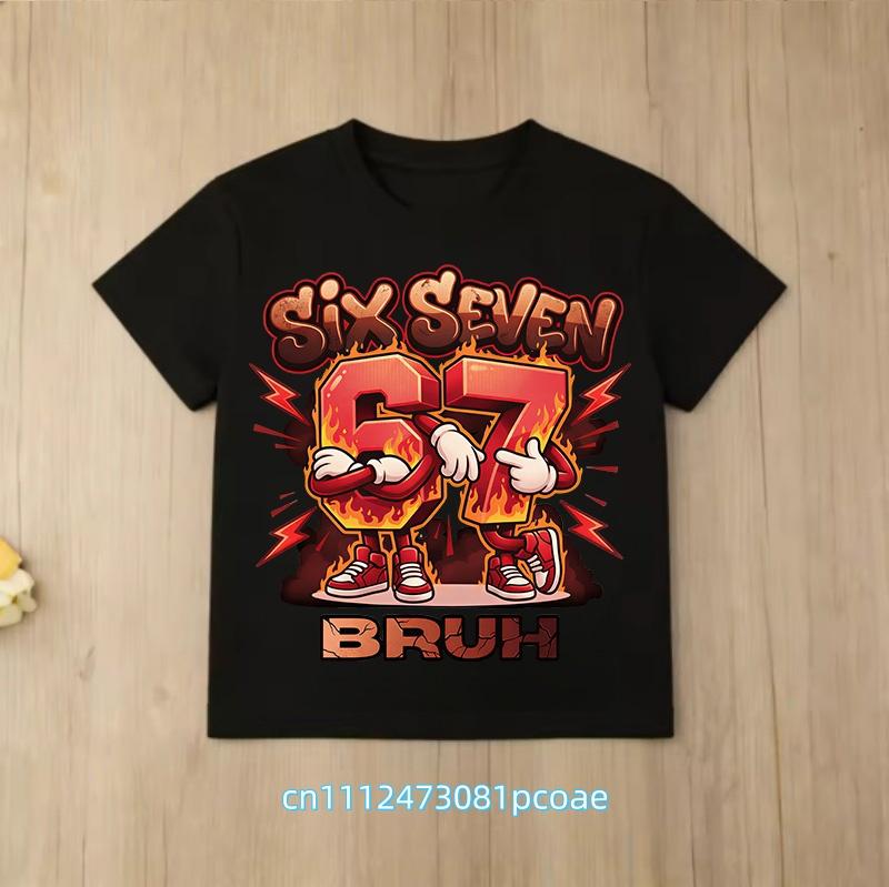 summer short sleeve, cartoon print 2026 personalized digital 67 T-shirt for boys and girls, family style, casual top