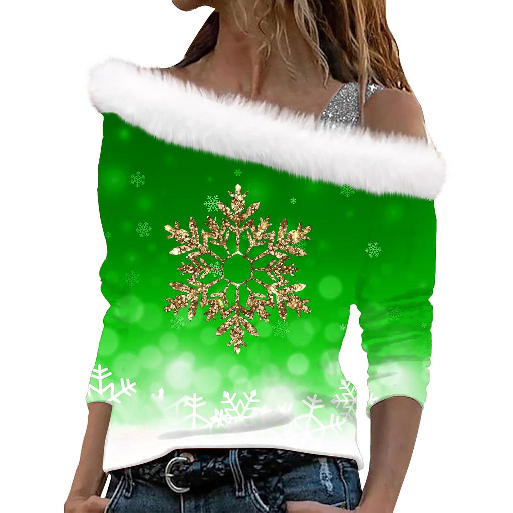 Women's Off Shoulder Furry Trim Long Sleeve T-Shirt Christmas Glitter Star 3D Print Elegant Winter Casual Top