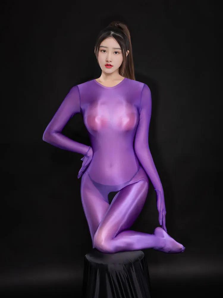 Sexy Five Finger Jumpsuit High Elastic Cortch Women'S Bodysuit Unitard Shiny Glossy Tights Transparent Night Woman Clothing