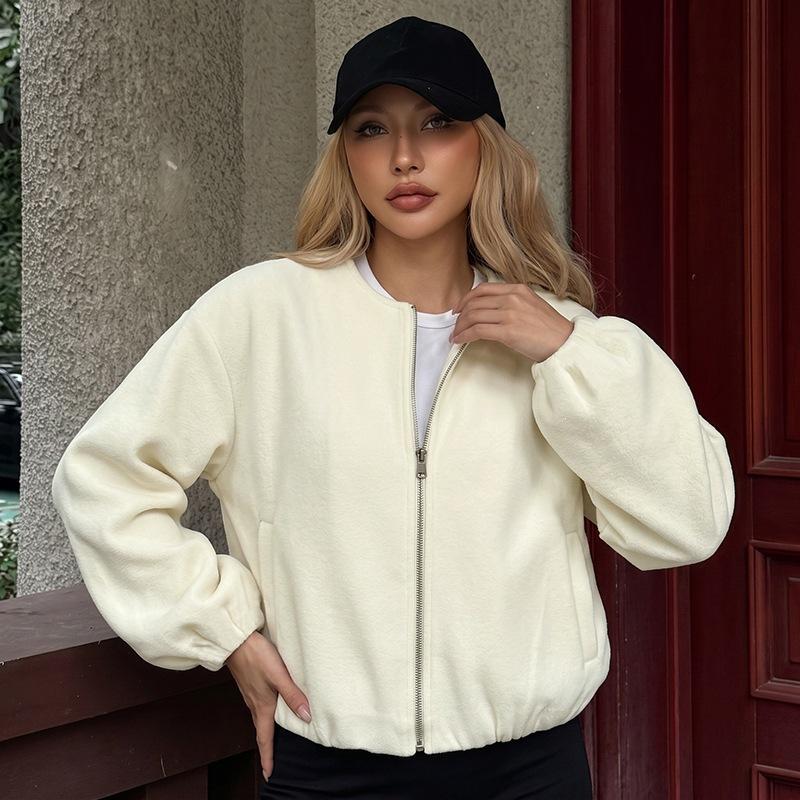 Solid-color Casual Sport Loose-fitting Short Jacket for Autumn. New Style with A Stand-up Collar and Zipper.